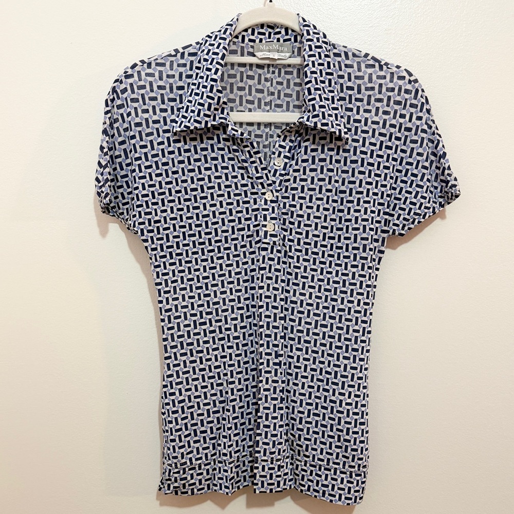 Max Mara Blue Geometric Stretch Knit Polo Top Small